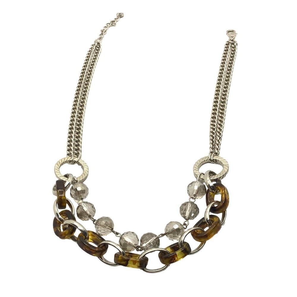 Ann Taylor LOFT Necklace Two Tier Beaded Tortoise Shell Chain Link Silver Tone B - Picture 2 of 4